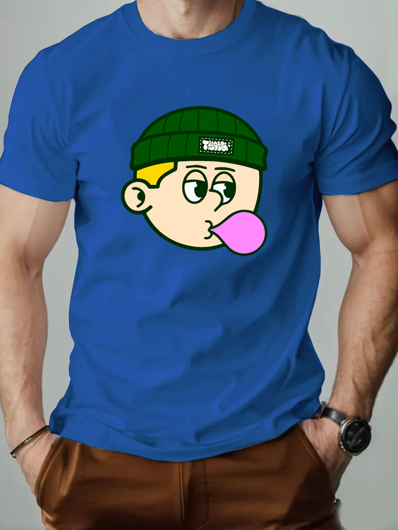 T-shirts en coton pour hommes bulles de soufflage dessin animé imprimé T-Shirt col rond respirant Streetwear mode haute