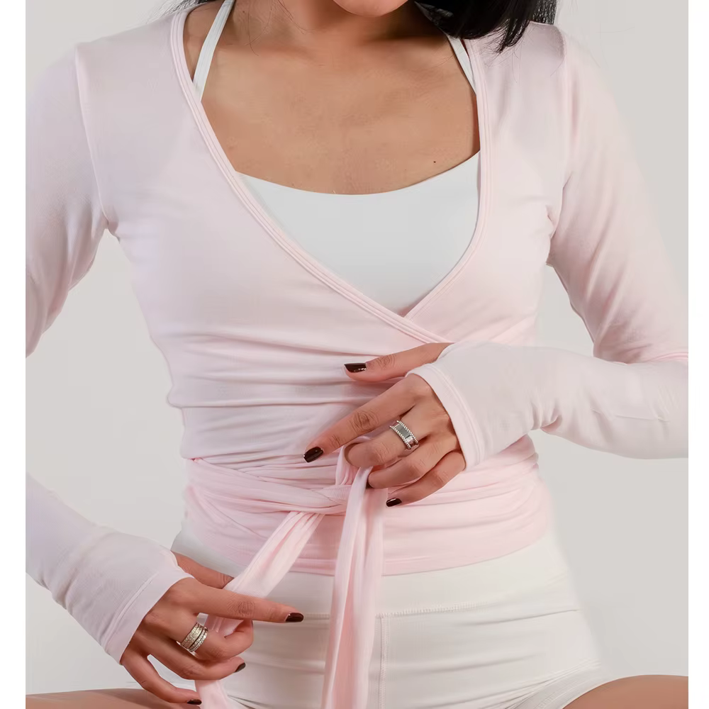 Femmes Sexy Wrap culture hauts T-Shirts à manches longues col en V profond cravate entraînement Ballet Pilates Yoga