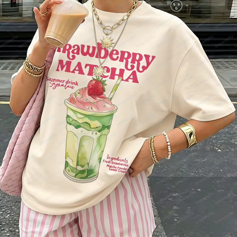 T-shirt imprimé thé Matcha fraise à manches courtes et col rond