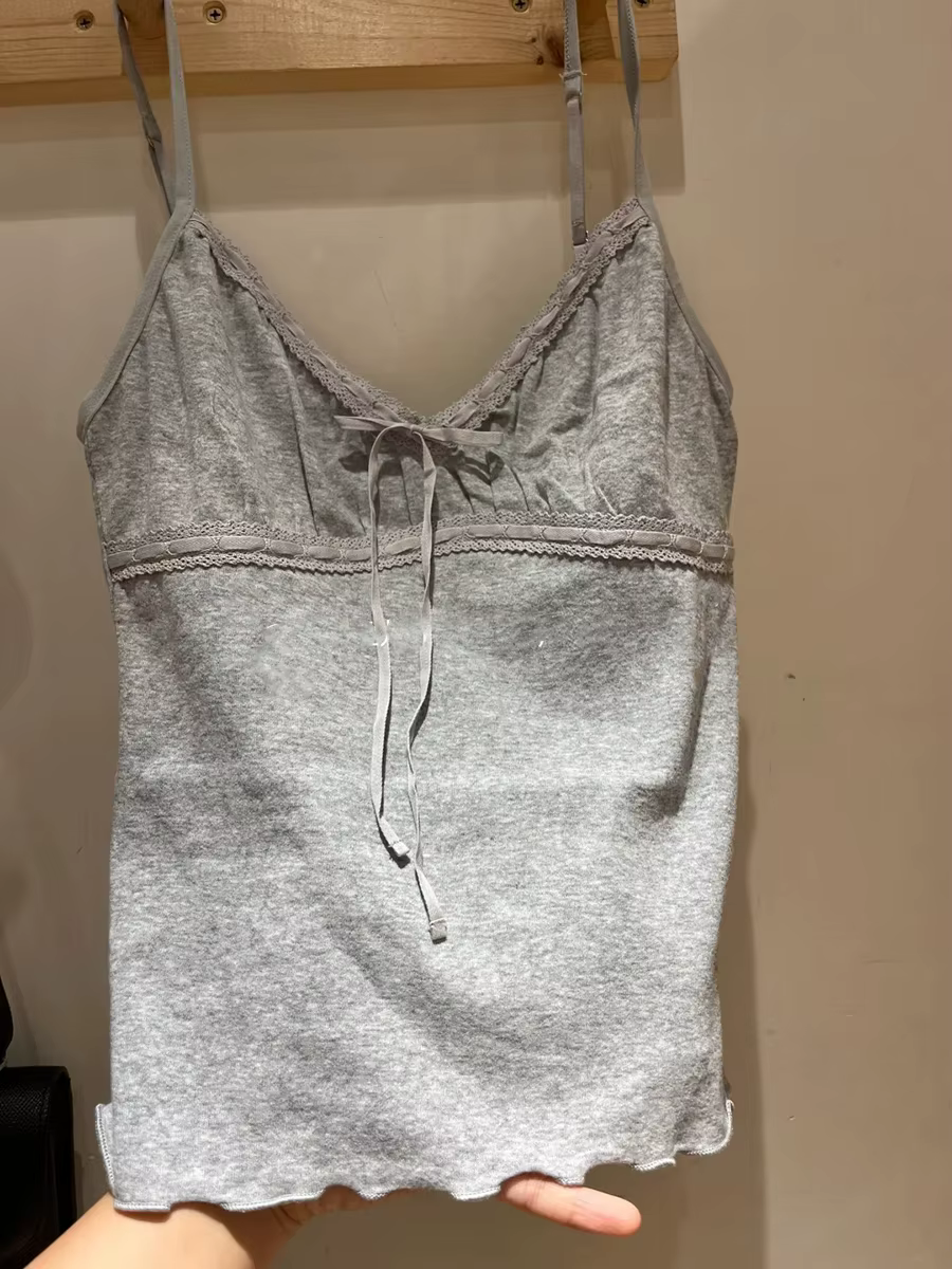 Débardeurs gris plissés à lacets et col en V pour femme – Style décontracté d'été en coton