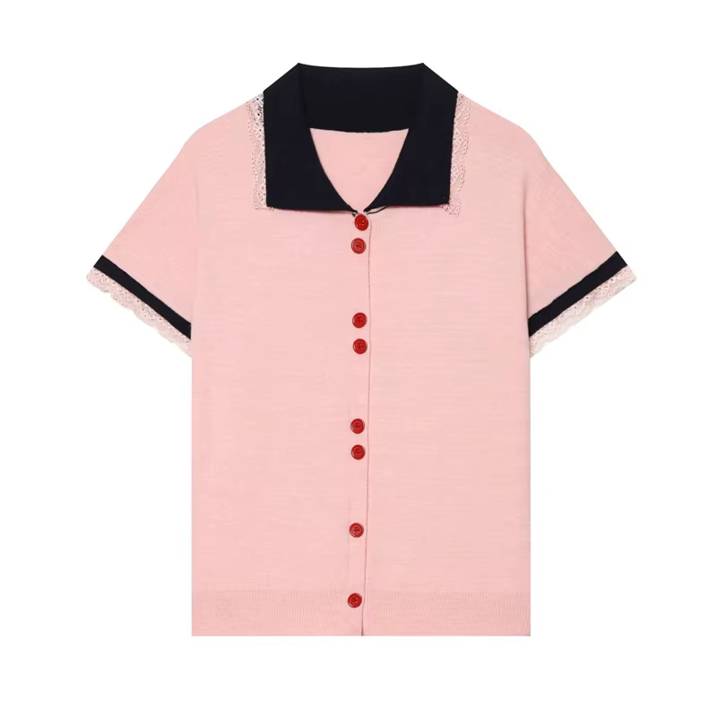 T-shirt pour femmes, nouveau haut cardigan à manches courtes avec bordure en dentelle contrastante