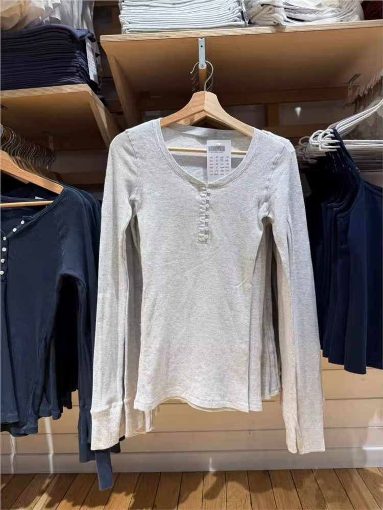 Gris gaufre 7 boutons à manches longues T-shirts femmes automne coton