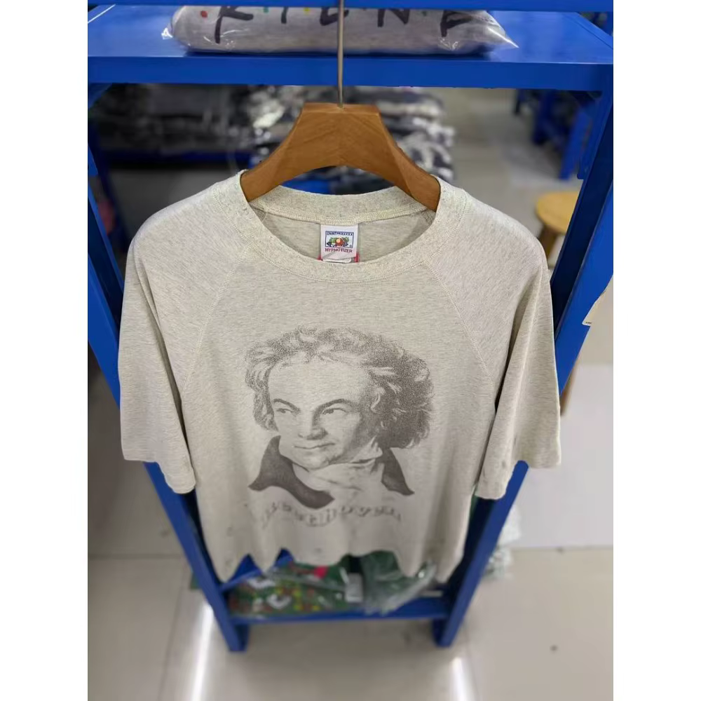 SAINT Hole Style Nouvelle Arrivée T-shirt gris à manches courtes col rond oversize à trous imprimé rétro pour hommes et femmes en coton
