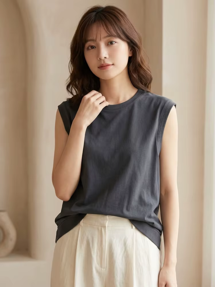Débardeur Femme Été 2026 en Coton Col Rond Sans Manches Couleur Unie avec Poignets Côtelés Coupe Ample Décontractée Polyvalente