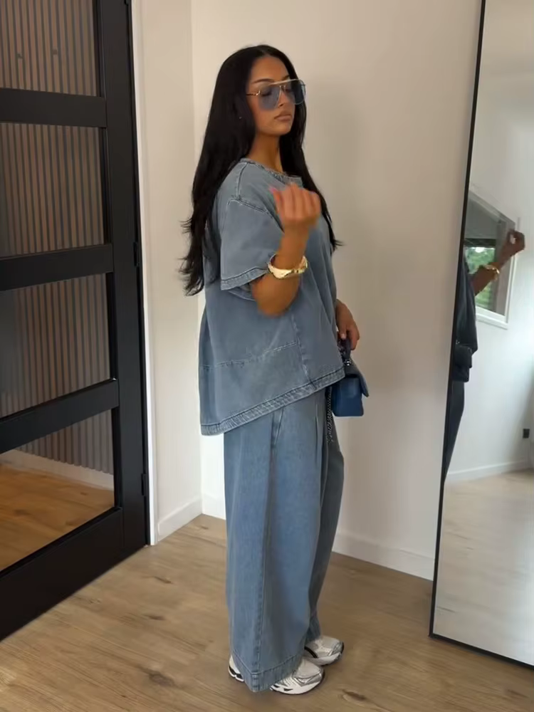 Ensemble pantalon et haut oversize en jean pour femme