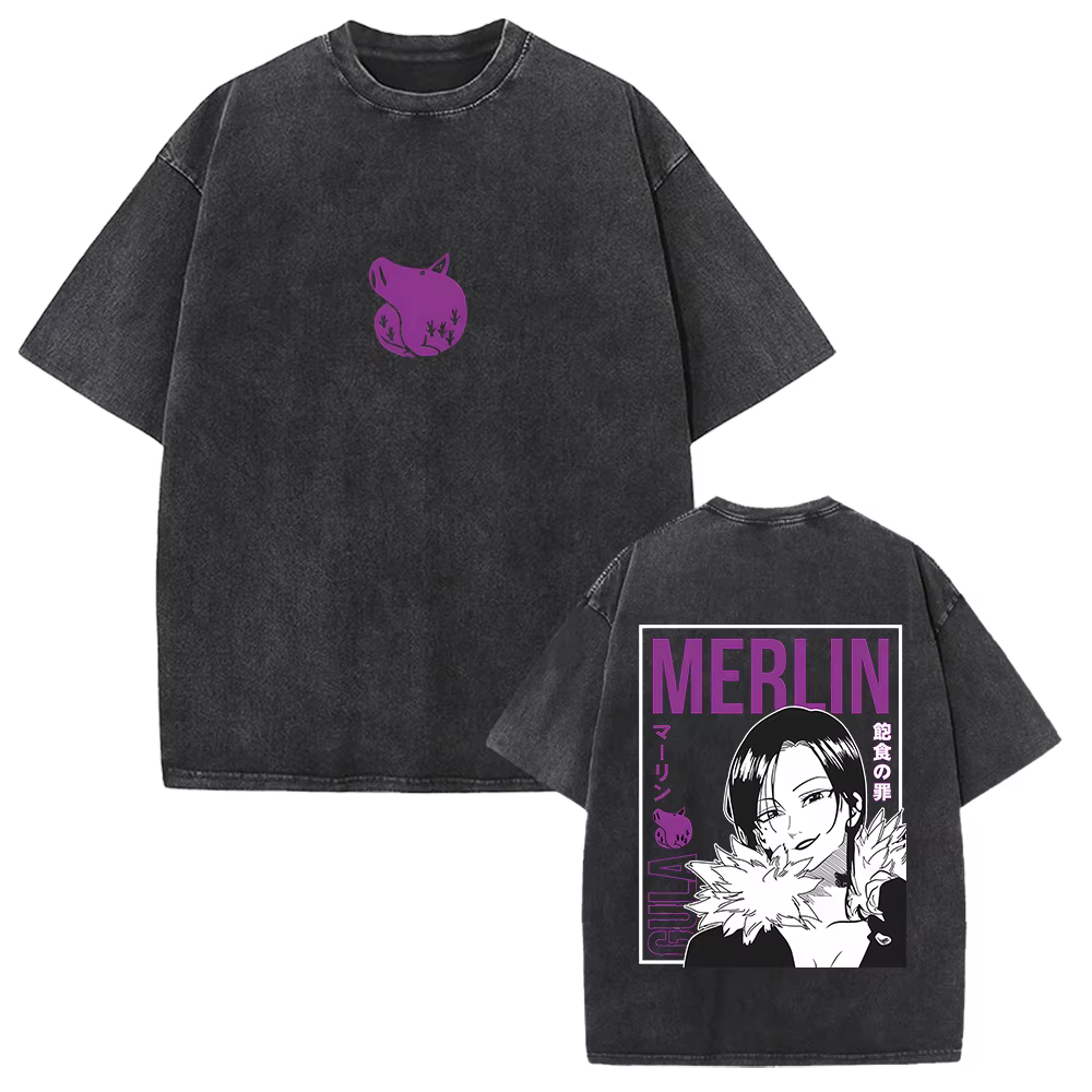 Merlin les sept péchés capitaux graphique T-shirt Manga Vintage lavé surdimensionné
