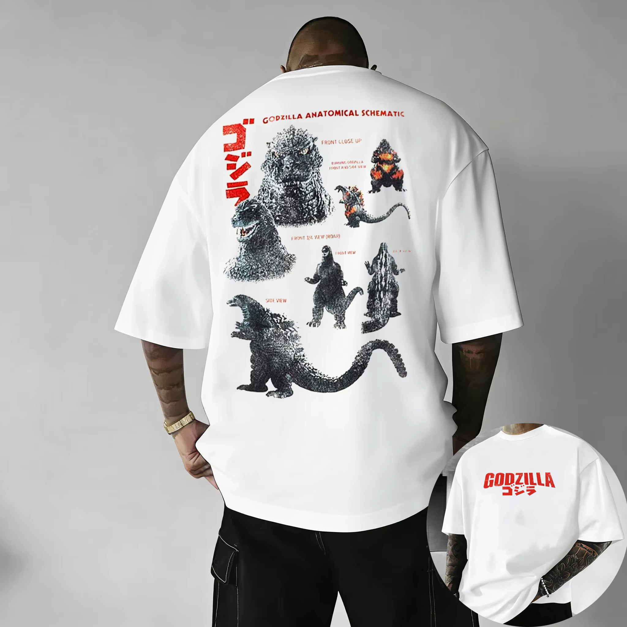 T-Shirt à manches courtes en coton imprimé Godzilla Vintage