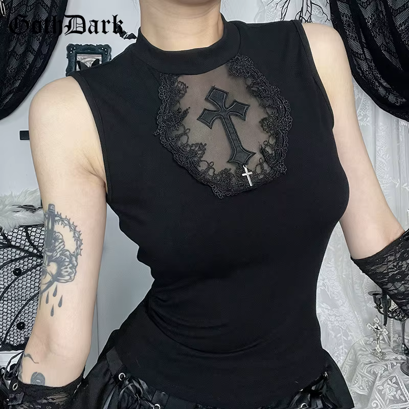 Goth foncé été réservoirs haut solide basique Techwear hauts femmes centre commercial gothique maille Patchwork croix gilet sans manches T-shirt Alt vêtements