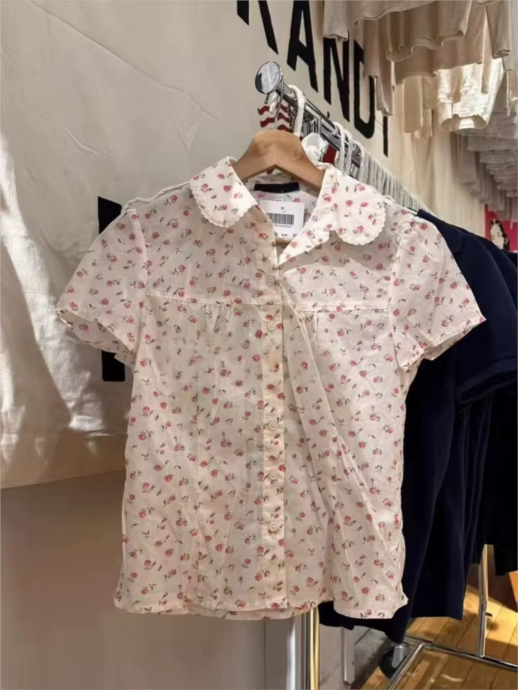 Doux rouge Floral T-shirt Blouse femme été col panoramique simple boutonnage manches courtes t-shirts décontracté