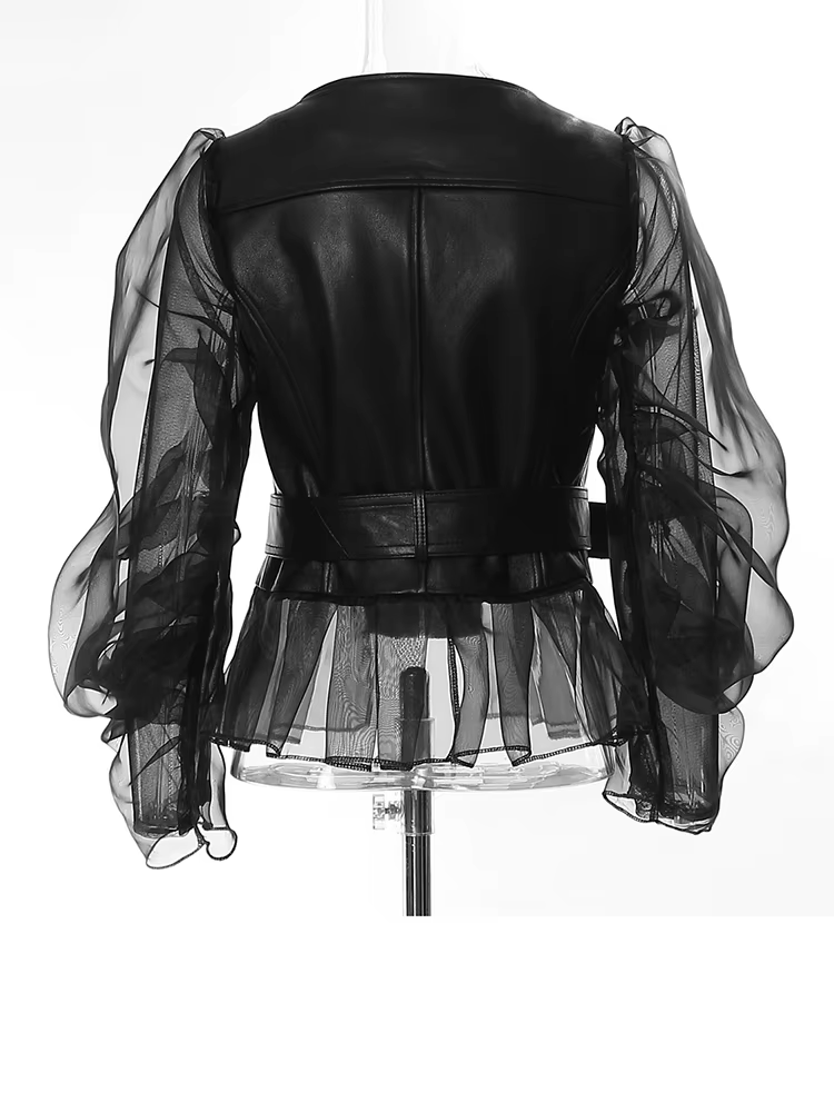 [EAM] coupe ample noir Pu cuir maille veste élégante nouveau revers à manches longues femmes manteau mode marée printemps automne 2026 17A8517
