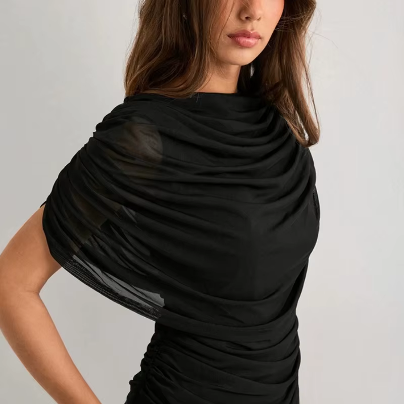 Haut élégant drapé à col bénitier en maille, manches courtes, coupe ajustée, sexy, style 'Hot Girl', avec taille froncée, couleur unie, pour l'été