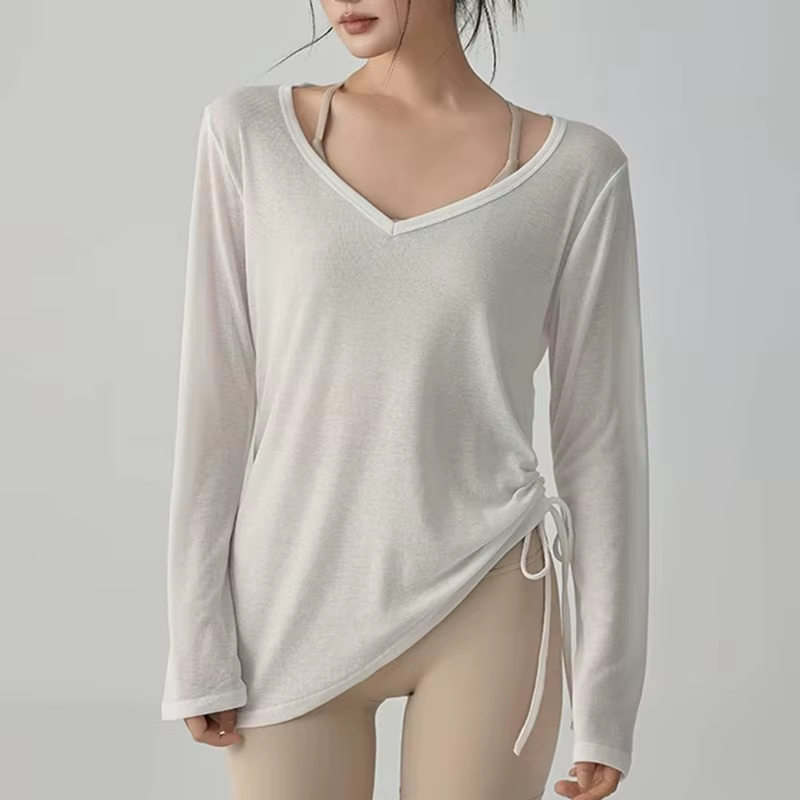 T-shirt de sport de yoga pour femmes, chemise de sport légère et fine avec cordon de serrage, ample, couvrant les hanches, fitness irrégulier, couverture à manches longues