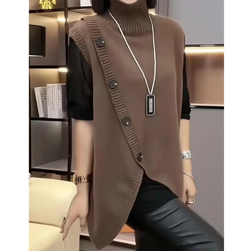Femmes sans manches longs pull gilets Vintage irrégulière épissé bouton tricots vêtements d'extérieur pulls élégant col