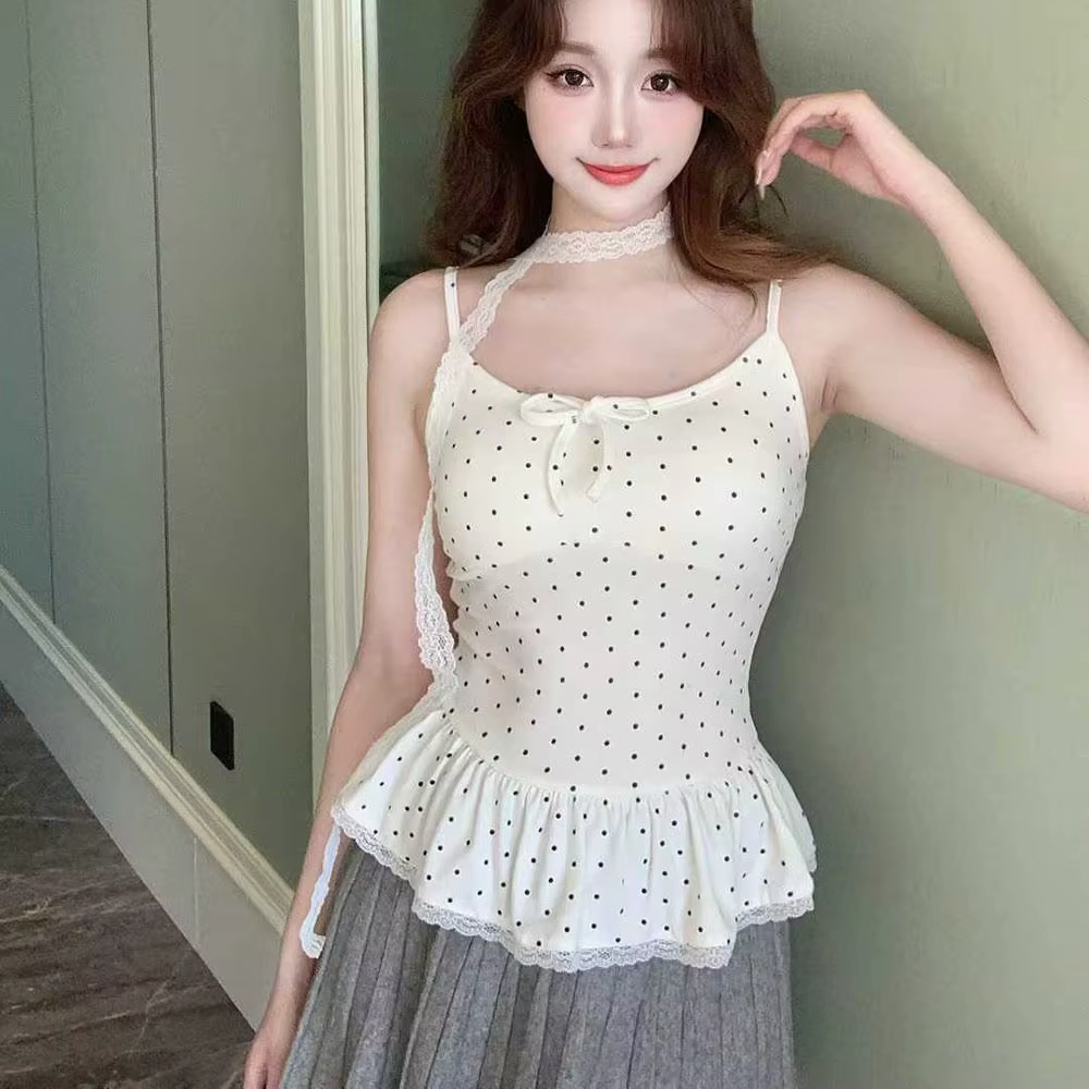 Nouveau débardeur camisole à pois avec nœud et dentelle, coupe ajustée, sexy, col en V, avec ruban