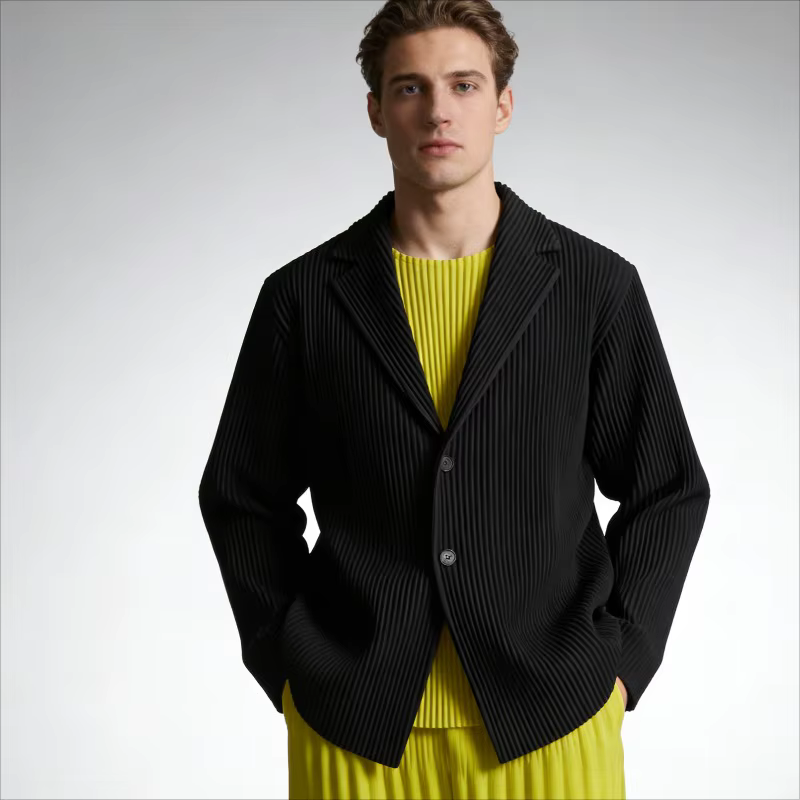 Veste plissée Miyake pour homme, nouvelle collection printemps 2026, manteau à manches longues, col rabattu, coupe ample décontractée, style japonais, haut oversize