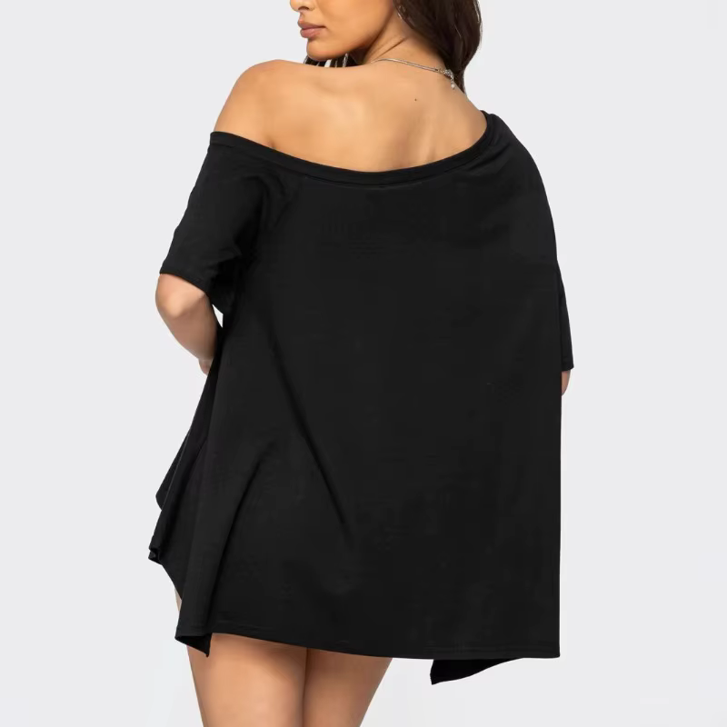 T-shirt asymétrique à épaules dénudées pour femme, manches courtes, coupe ample, ourlet irrégulier, chemisier décontracté uni