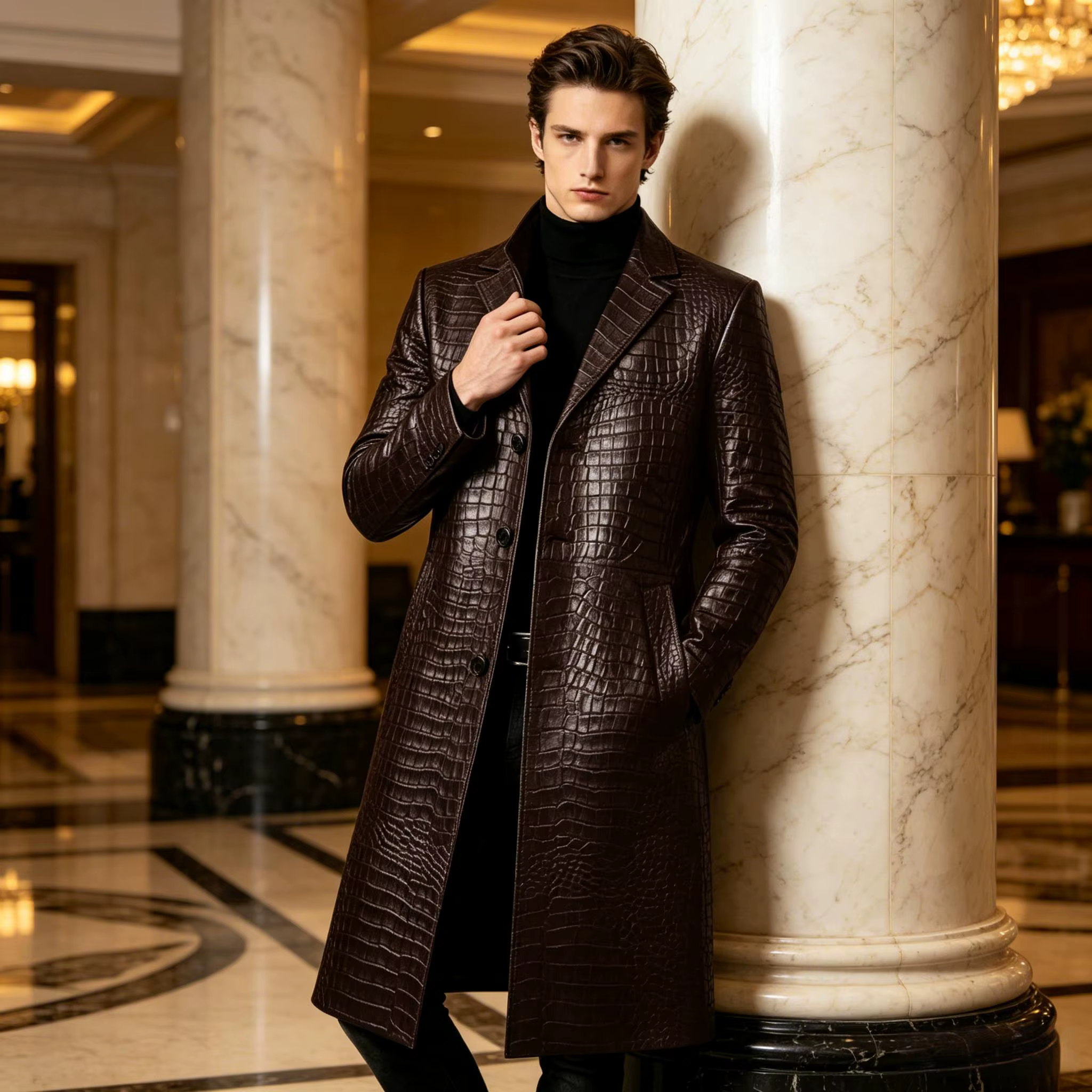 Manteau long en cuir gaufré crocodile de qualité supérieure pour homme, coupe ajustée, simple boutonnage, style formel et streetwear