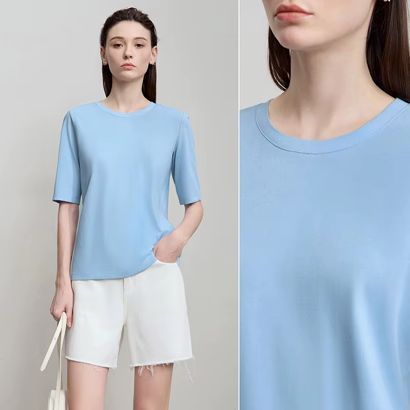 AMII minimaliste coton noir T-Shirt pour femmes 2025 bureau dame O cou plaine tricot
