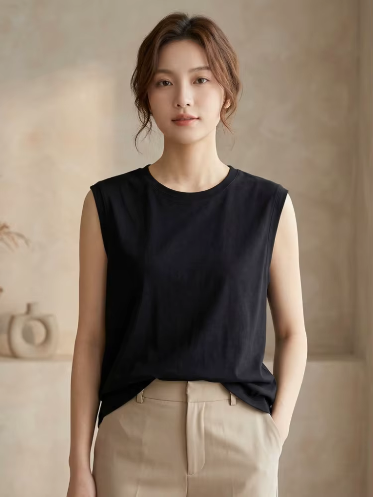 Débardeur Femme Été 2026 en Coton Col Rond Sans Manches Couleur Unie avec Poignets Côtelés Coupe Ample Décontractée Polyvalente