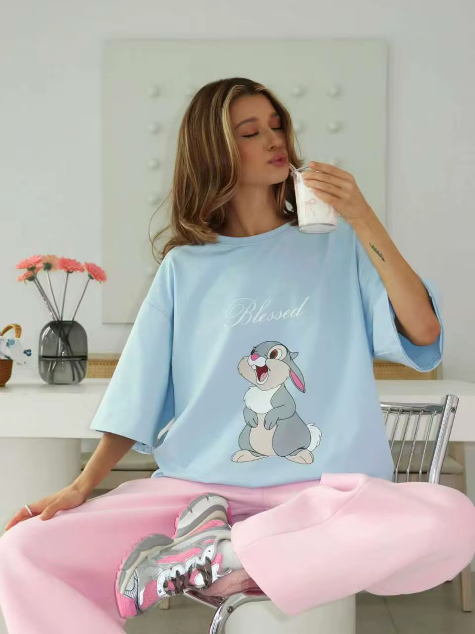 Kawaii lapin imprimé blanc 100% coton américain décontracté Streetwear femmes t-shirt à manches courtes col rond