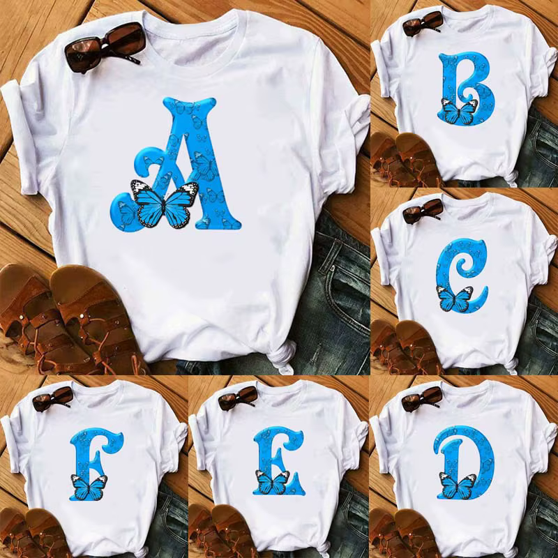 26 lettres anglaises papillon imprimé T-shirt à manches courtes femmes surdimensionné