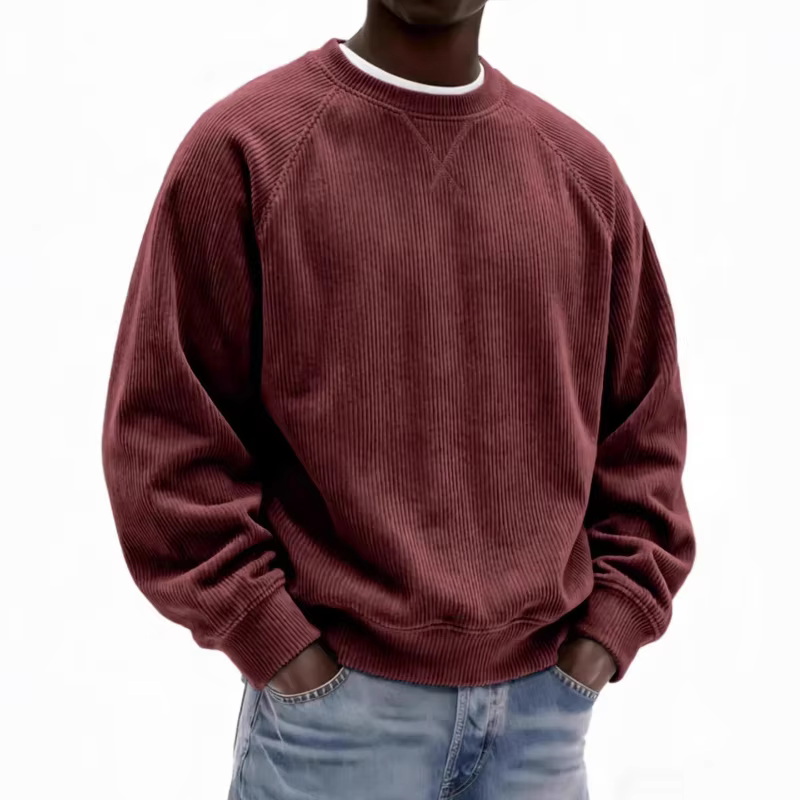 Sweat-shirt col rond en velours côtelé gris pour hommes