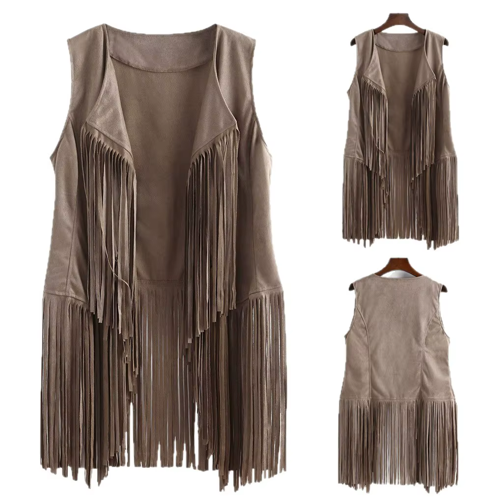 Nouveau Gilet Frangé Sans Manches pour Femme 2025 – Cardigan Ouvert Style Artistique Rétro Personnalisé en Tissu