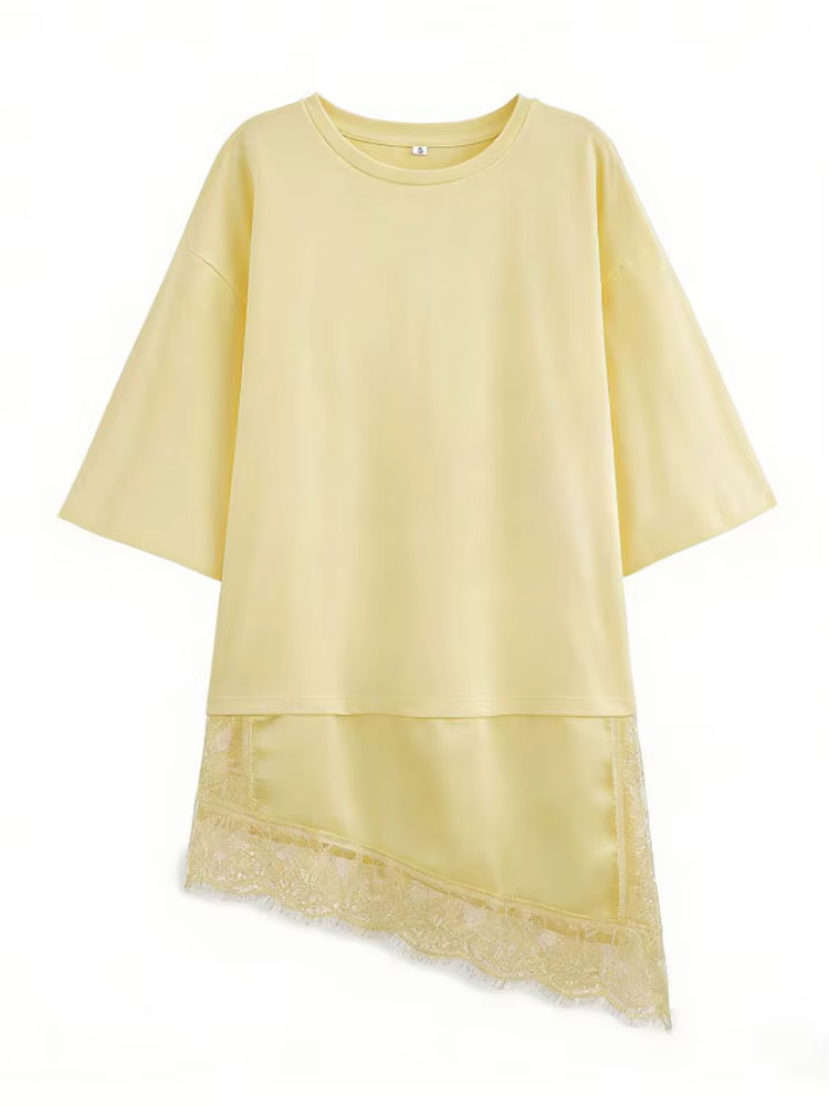 T-shirt asymétrique vintage pour femme avec empiècement en dentelle satinée