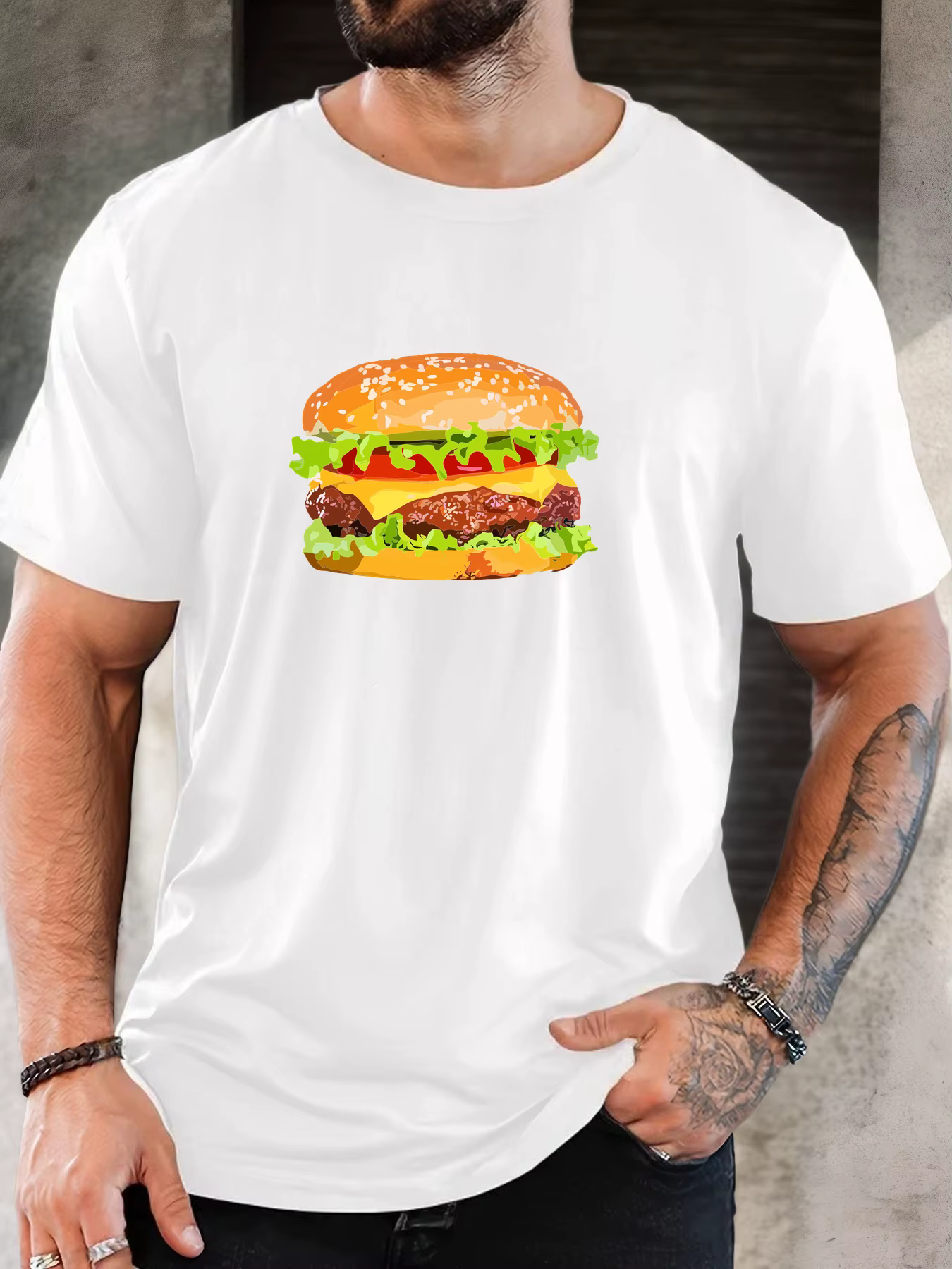 T-shirt court d'été décontracté à col rond pour hommes à motif hamburger