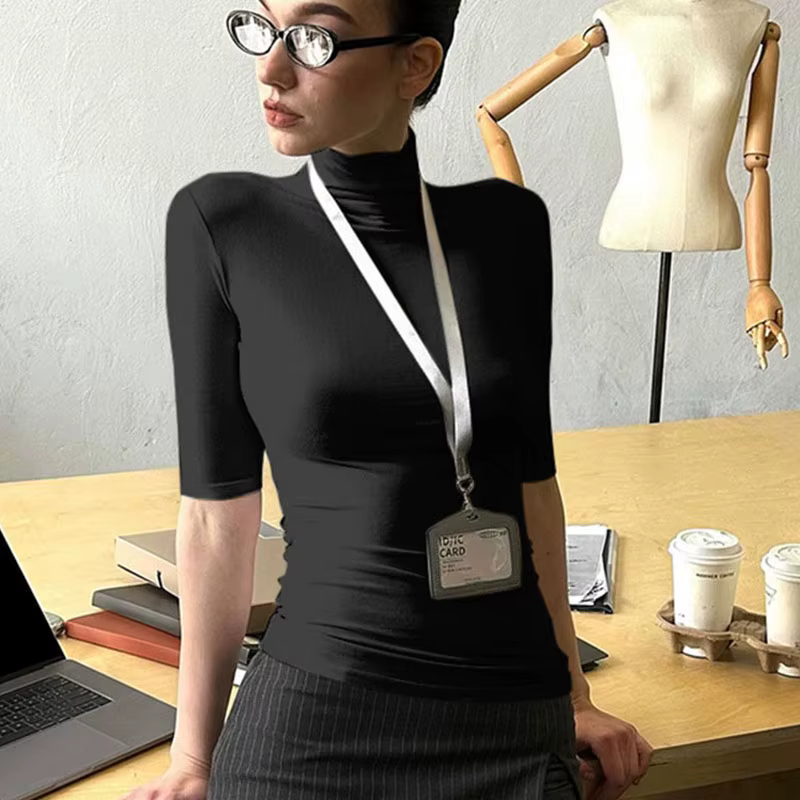 Col roulé demi manches t-shirts femme vêtements bases décontracté été hauts blanc noir