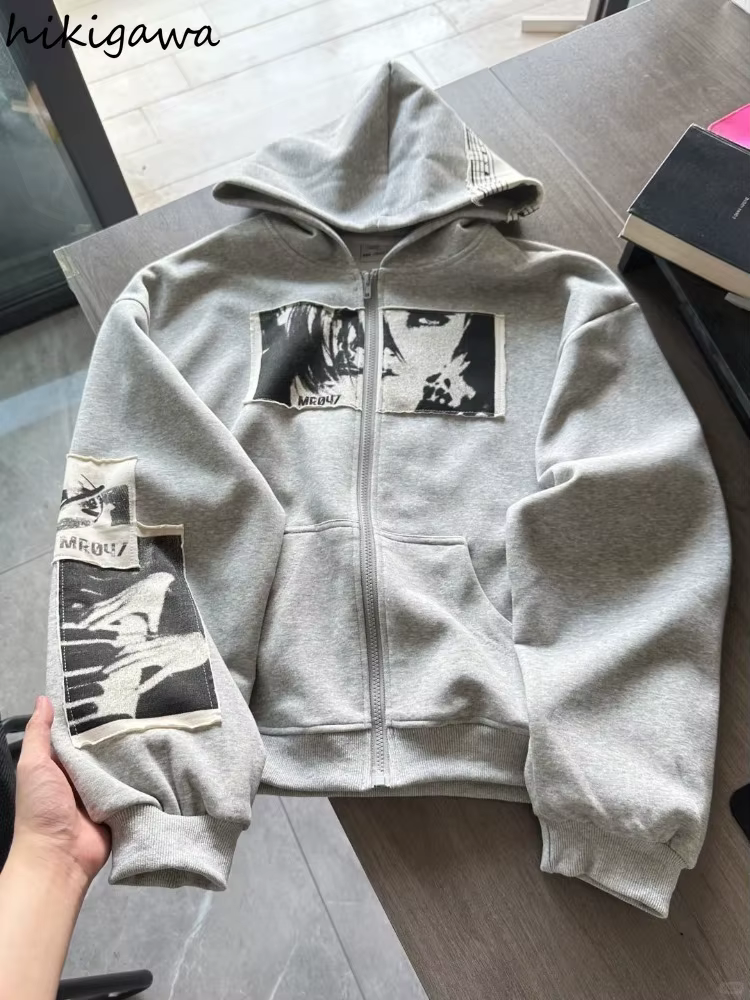 Sweat-shirts à capuche vêtements pour femmes rétro Patchwork Portrait imprimé vestes Y2k hauts 2025 Ropa Mujer