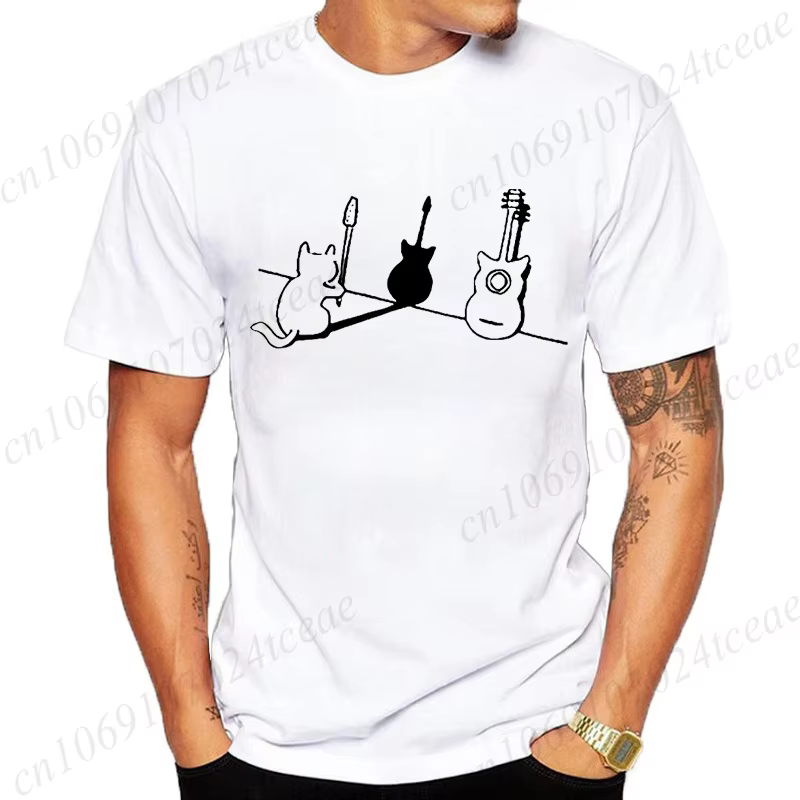 T-shirt pour femmes hommes chat et guitare Design drôle hauts doux unisexe col rond T-shirts vêtements