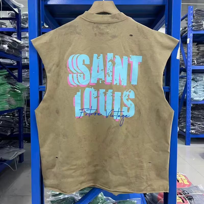 SAINT Débardeur Vintage Homme Sans Manches Effet Vieilli Délavé Style Rétro Streetwear Coupe Ample T-shirt Court