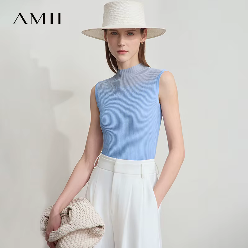 Amii femmes haut minimaliste été nouvelle couleur unie col montant sans manches mince élastique Double courbe fil tricoté Camisole 12542249
