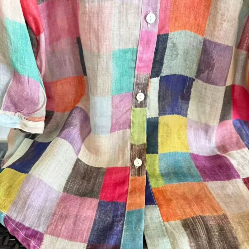 Chemise en coton à imprimé géométrique ethnique pour femmes
