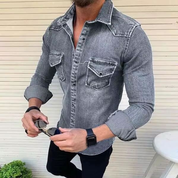 Version coréenne coupe ajustée décontracté mélange de coton à manches longues lavé vieille chemise en jean 2025 nouvelle chemise en jean pour hommes veste à la mode