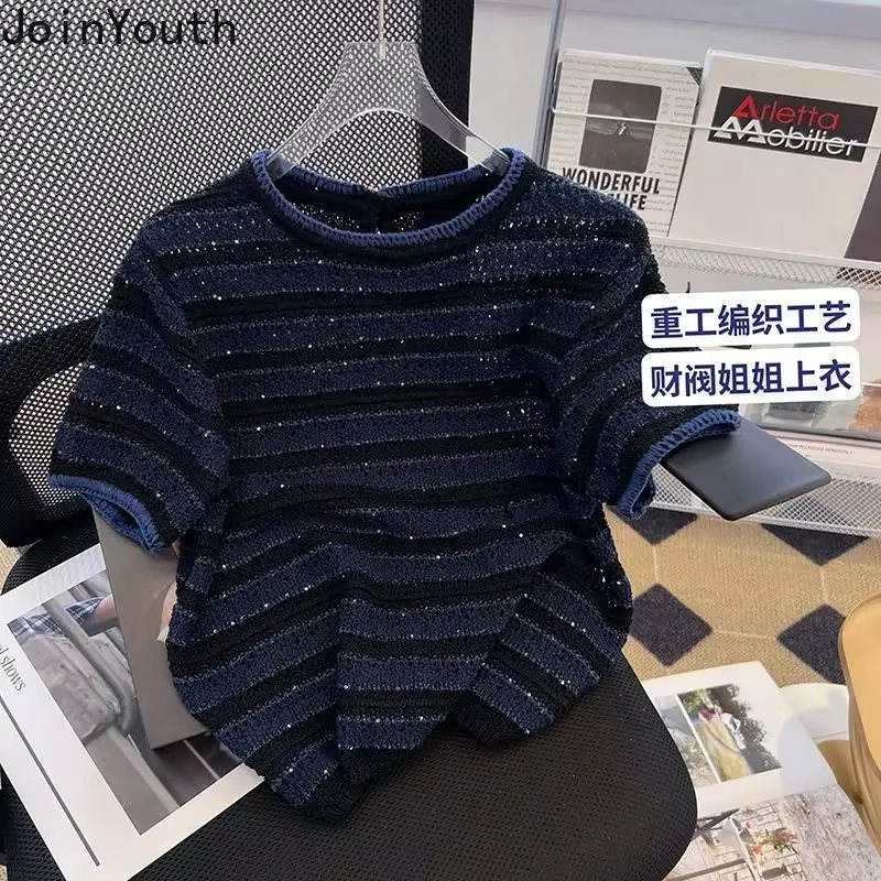 Chemises pour femmes tricot t-shirts 2025 Ropa Mujer à manches courtes col rond rayé