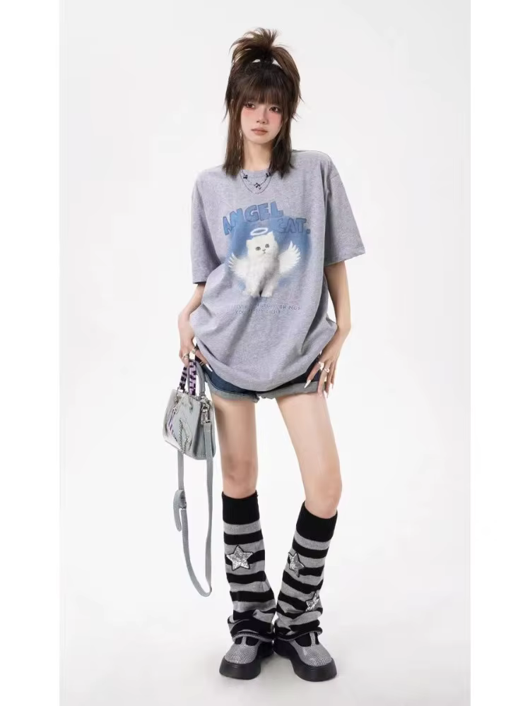 T-shirt imprimé chat ange mignon pour hommes et femmes pur coton mode d'été tendance décontracté confortable Couple haut à manches courtes Harajuku