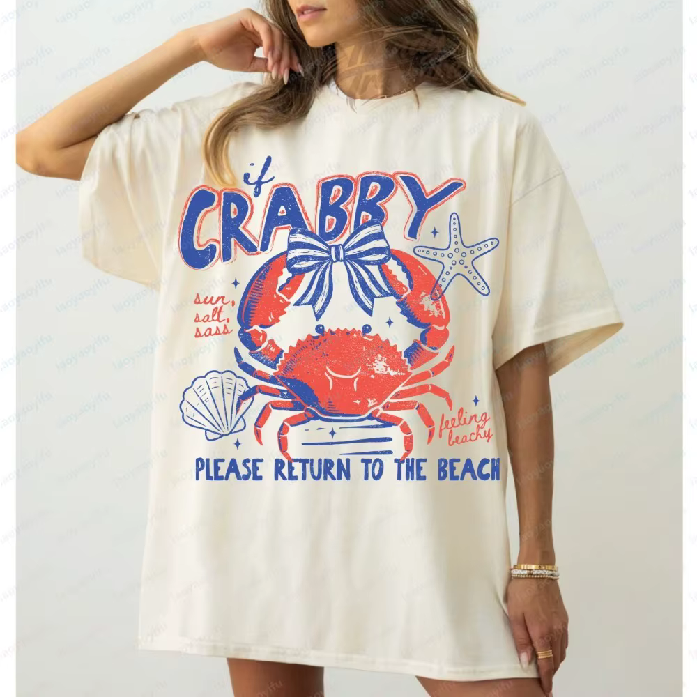 T-shirt Crab Beach, humoristique, pour les vacances en bord de mer, vêtements d'été sur le thème de la vie marine, vêtements pour femmes, t-shirts graphiques, t-shirts oversize, hauts