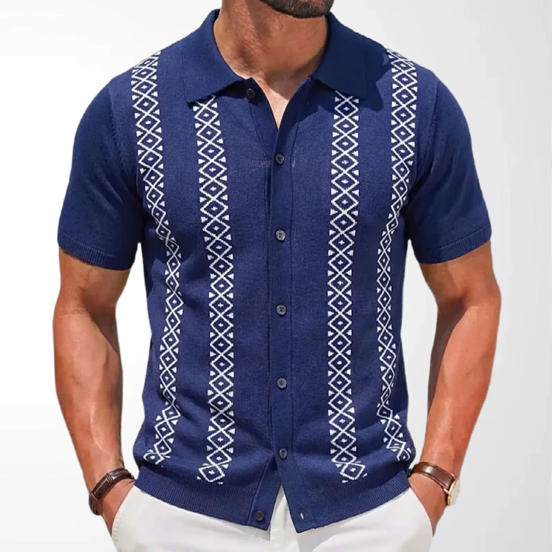 Chemise tricotée jacquard rayée d'été pour hommes européens et américains