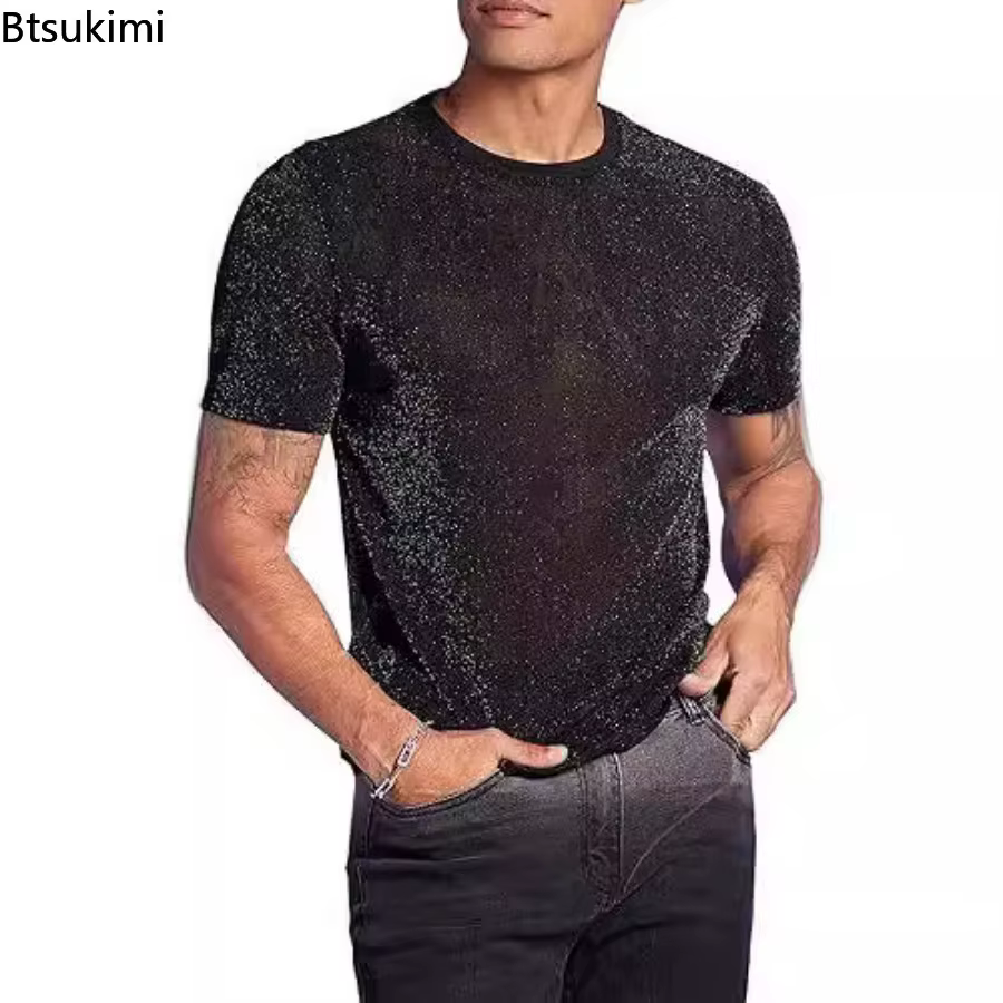 Hommes mode paillettes voir à travers T-Shirts été à manches courtes col rond décontracté hauts mâle Vintage brillant couleur unie mince T-shirt