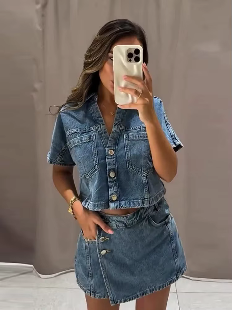 Ensembles de shorts en jean chics pour femmes ou chemises à manches courtes amples à col en V boutonnées ou t-shirts