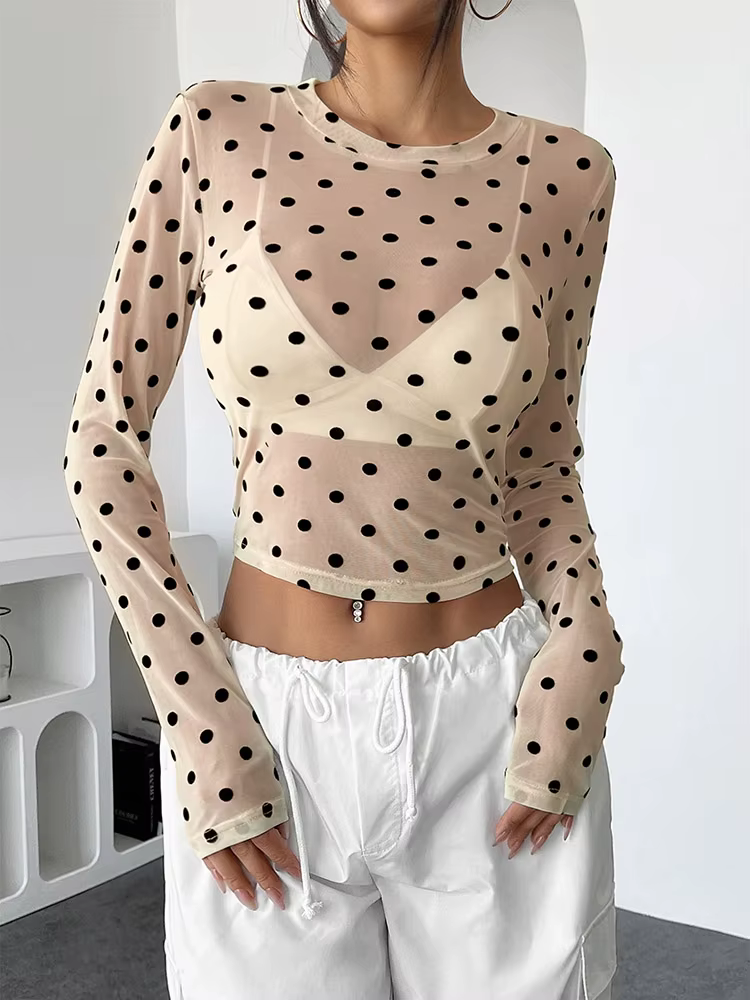 Femmes à pois à manches longues hauts en maille Sexy voir à travers des chemisiers transparents chemises sortie haut