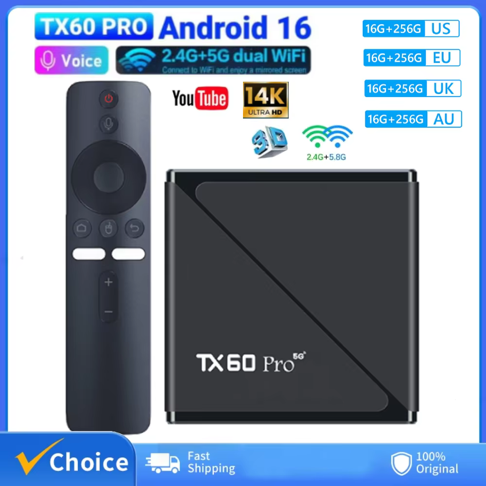 Boîtier TV intelligent Android 24 TX60 Pro 16G+256G Lecteur multimédia 14K Wi-Fi double bande 2.4G/5G Décodeur Wi-Fi 6 Boîtier Android Mali-G31 avec télécommande