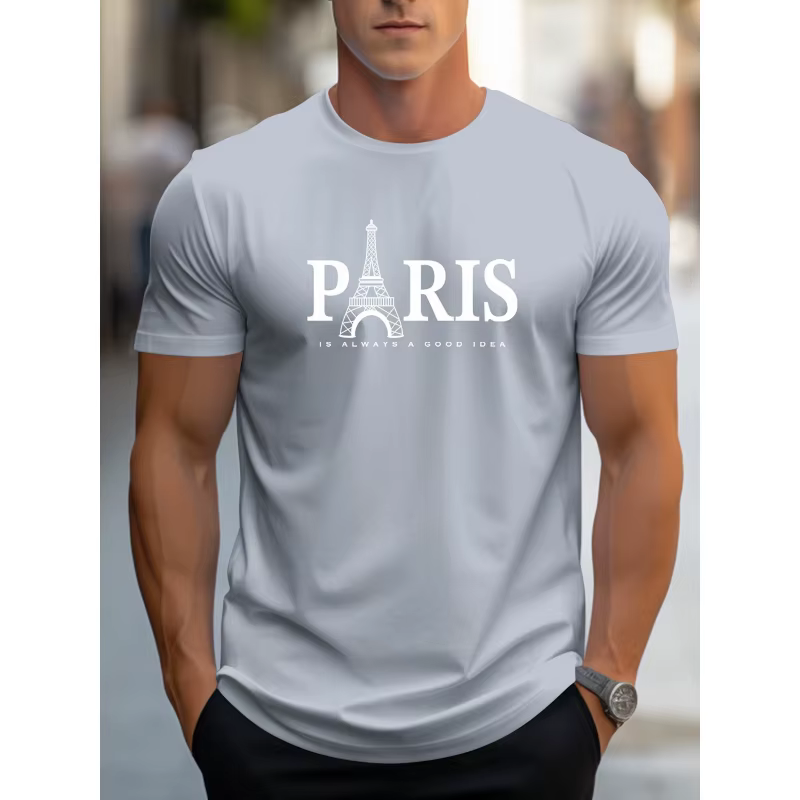 T-shirt à motif Tour Eiffel de Paris pour hommes - Col rond décontracté