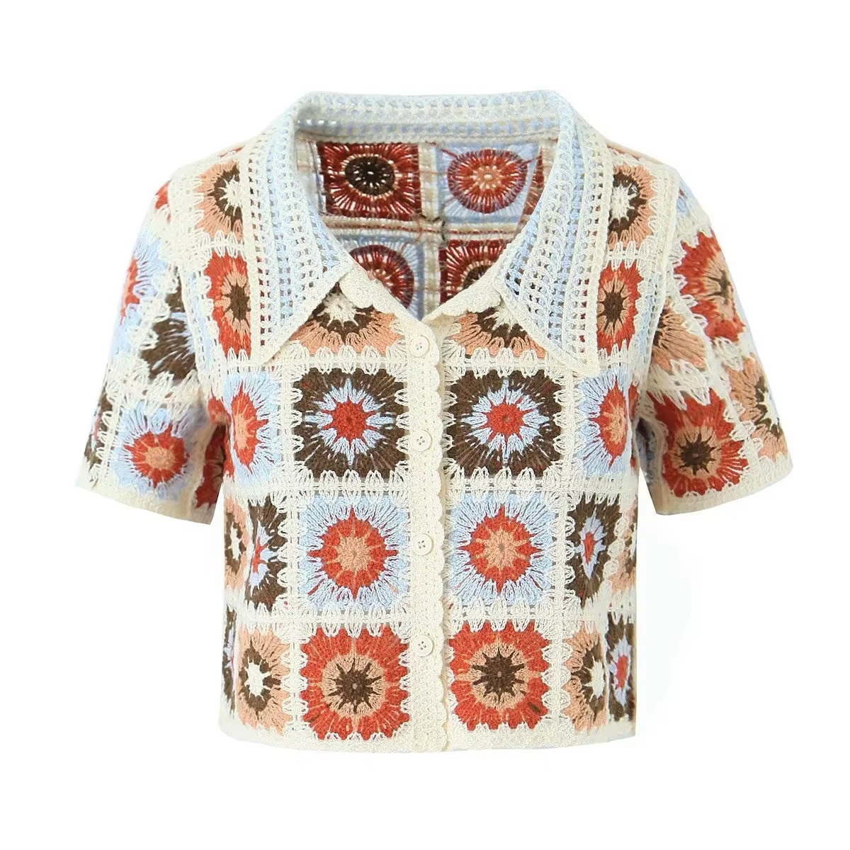 Vintage Crochet tricoté culture hauts Blouse chemises pour femmes décontracté à manches courtes évider chemise été Boho plage Plaid Blusas
