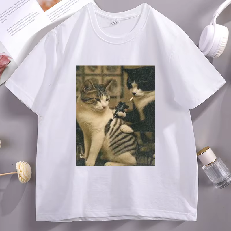 Tatouage chat Meme t-shirt décontracté coton à manches courtes t-shirts graphiques Streetwear haute qualité