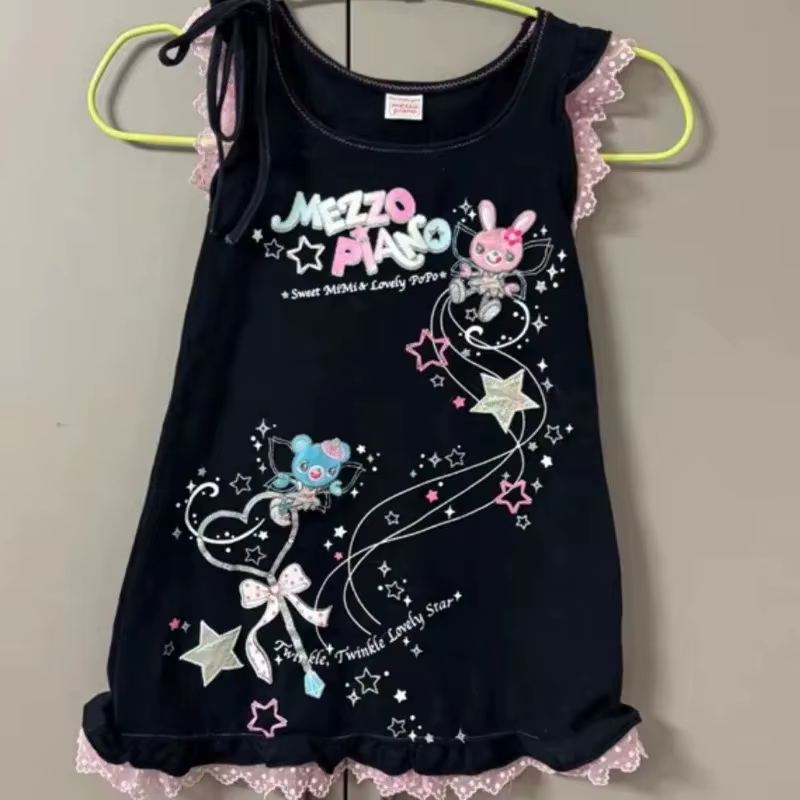 Kawaii Harajuku épissé dentelle col rond sans manches Camisole ample Y2k esthétique mignon dessin animé impression t-shirts japonais décontracté hauts