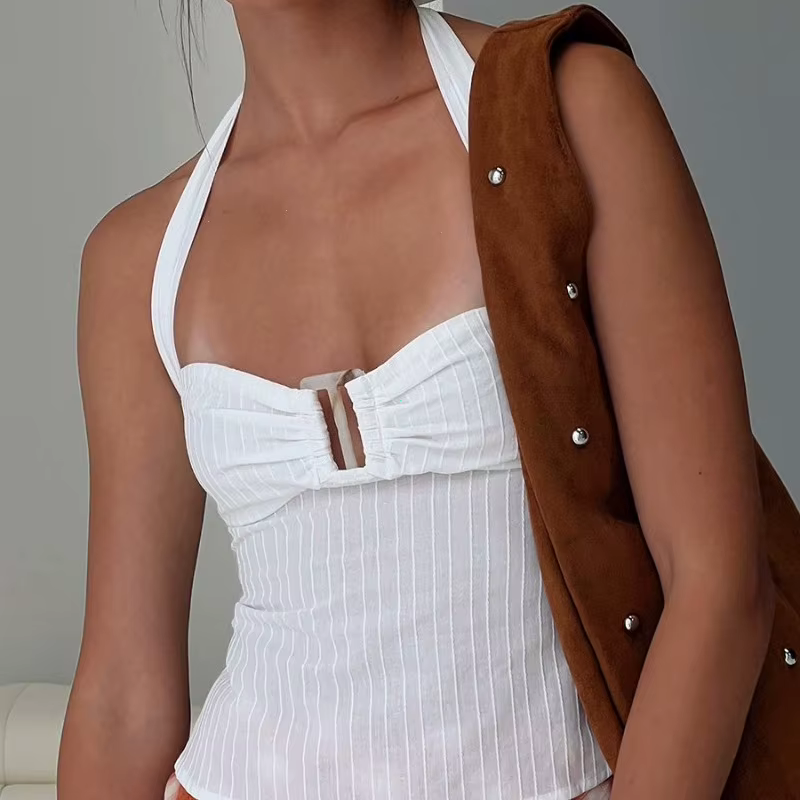 Chic rose plissé hauts sans manche mode à lacets épaules dénudées coupe ajustée licou gilet nouveau femmes été vacances haut de fête 2025