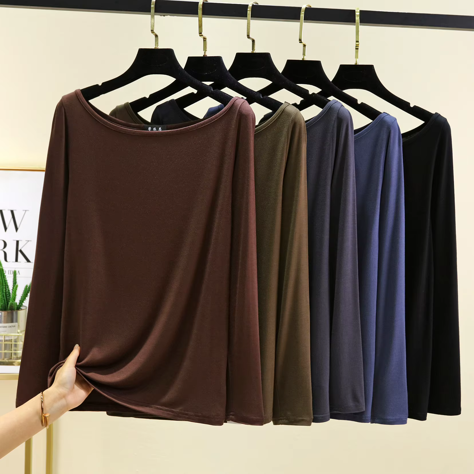 Modal col bateau t-shirts manches longues femmes coupe ajustée T-Shirt couleur unie couche de Base haut maillot de